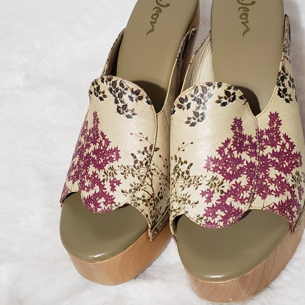 Jeon Art to Wear 9M Leather Heels Clogs Mules Italy Wood Floral Boho Indie Retro - Picture 8 of 11